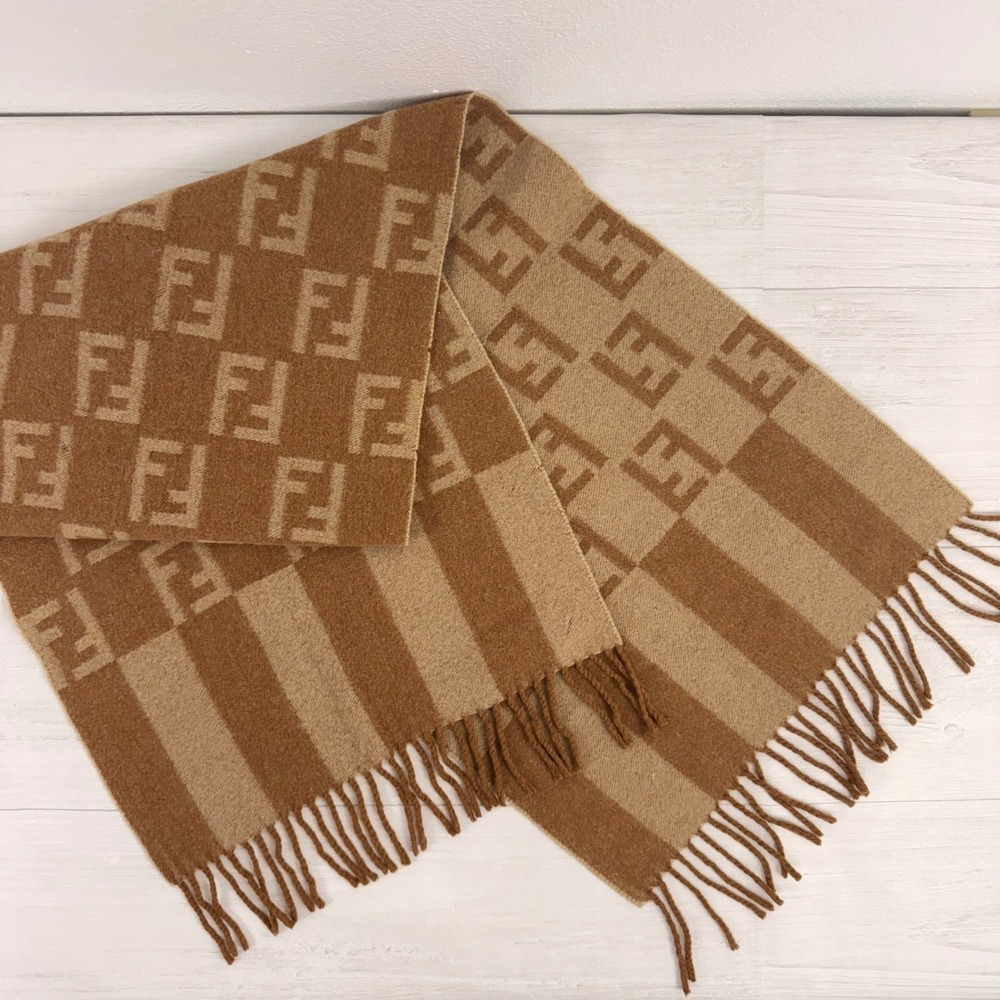 Fendi Wool Scarf Unisex Brown Zucca Monogram Luxury Italian Winter Neutral